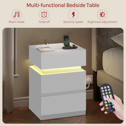 WOLTU LED Bedside Table with 2 Drawers, Built-In Charging Station & 2 Power Sockets
