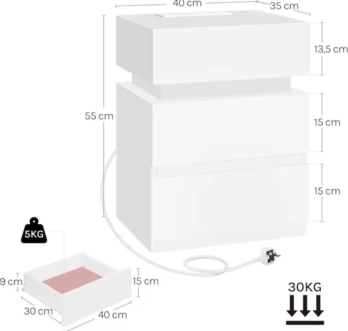 WOLTU LED Bedside Table with 2 Drawers, Built-In Charging Station & 2 Power Sockets