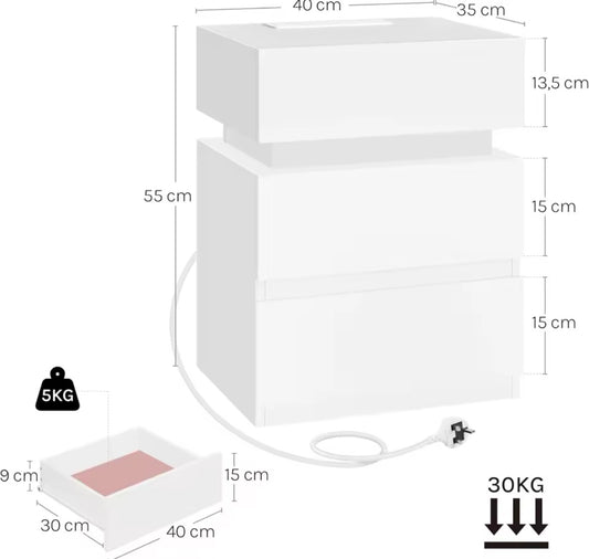 WOLTU LED Bedside Table with 2 Drawers, Built-In Charging Station & 2 Power Sockets