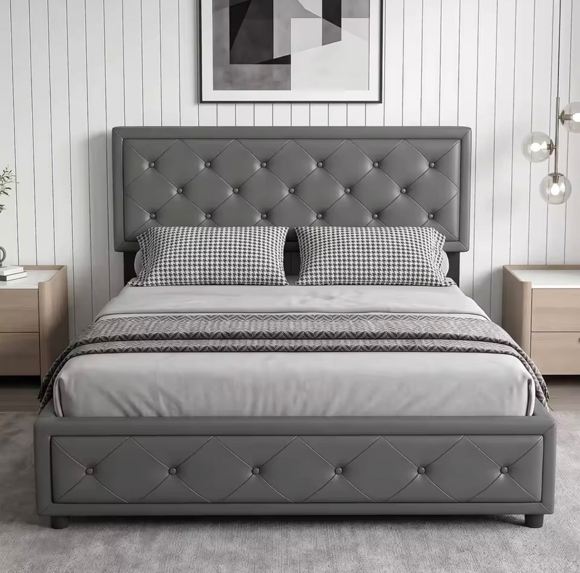 Elegant Grey Upholstered Ottoman Double Bed Frame – 4ft6 with Hydraulic Lift-Up Storage