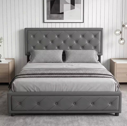 Elegant Grey Upholstered Ottoman Double Bed Frame – 4ft6 with Hydraulic Lift-Up Storage