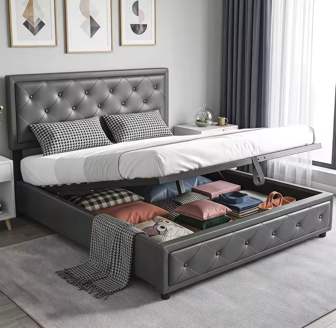 Elegant Grey Upholstered Ottoman Double Bed Frame – 4ft6 with Hydraulic Lift-Up Storage