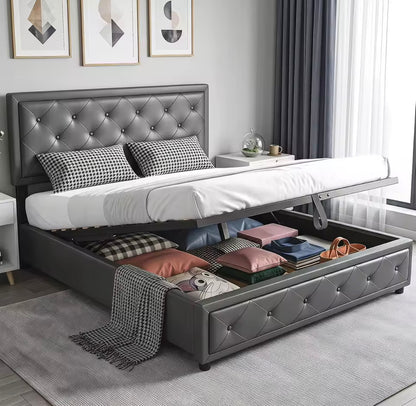Elegant Grey Upholstered Ottoman Double Bed Frame – 4ft6 with Hydraulic Lift-Up Storage