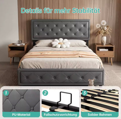 Elegant Grey Upholstered Ottoman Double Bed Frame – 4ft6 with Hydraulic Lift-Up Storage