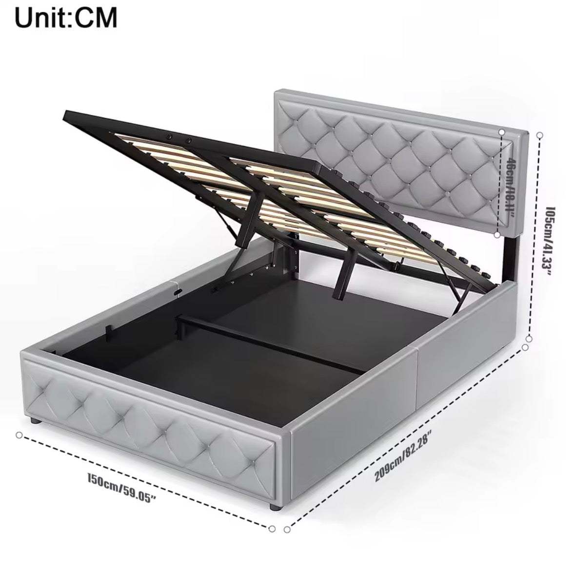 Elegant Grey Upholstered Ottoman Double Bed Frame – 4ft6 with Hydraulic Lift-Up Storage