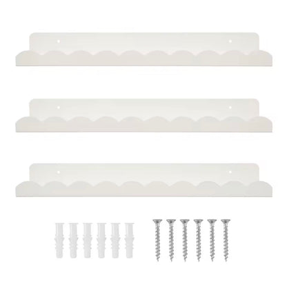 Set of 3 White Scalloped Cloud Floating Wall Shelves – Decorative Iron U-Shaped Display Racks