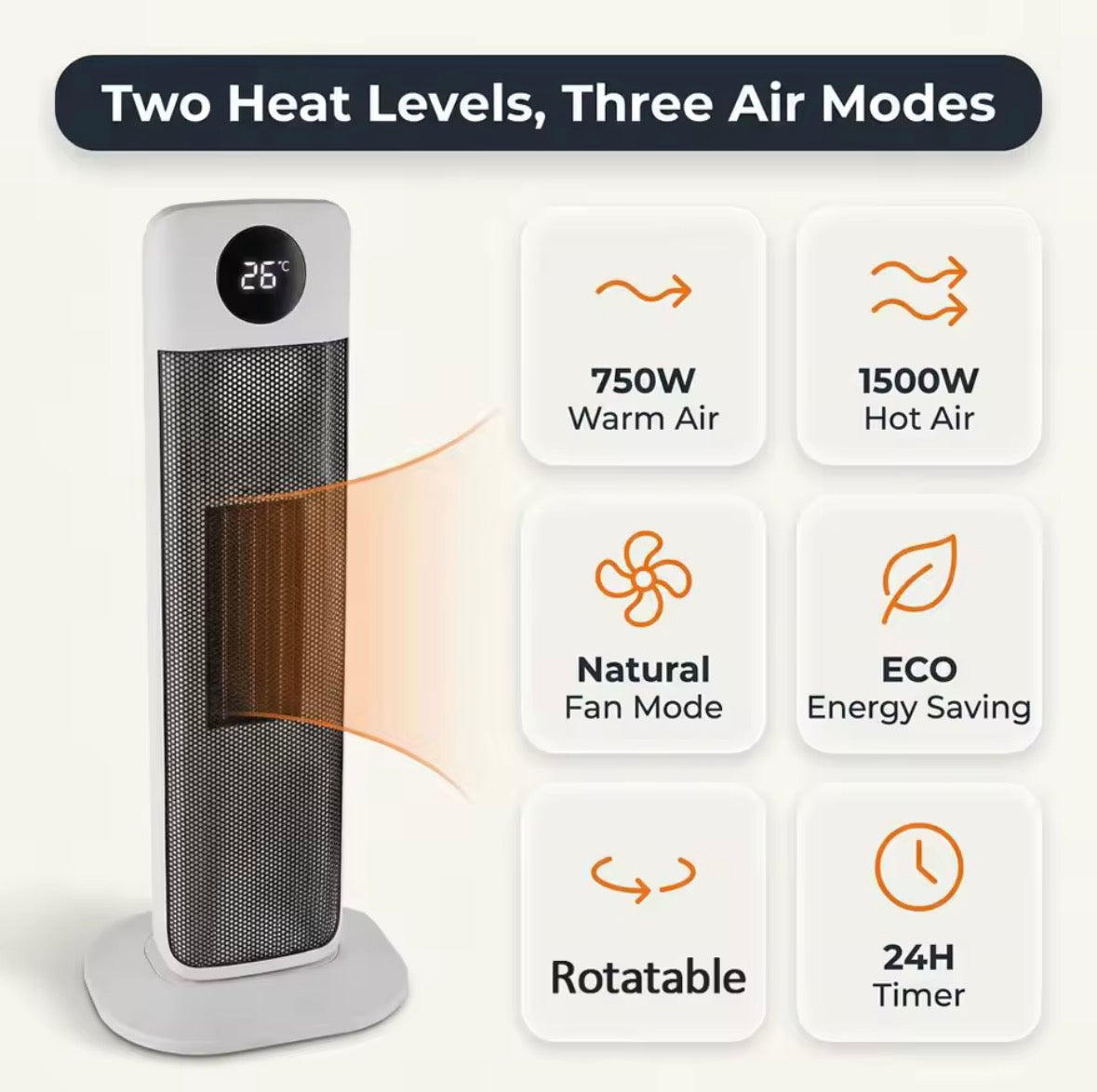 2000W Portable Ceramic Tower Heater – 3-in-1 Heating & Cooling Fan