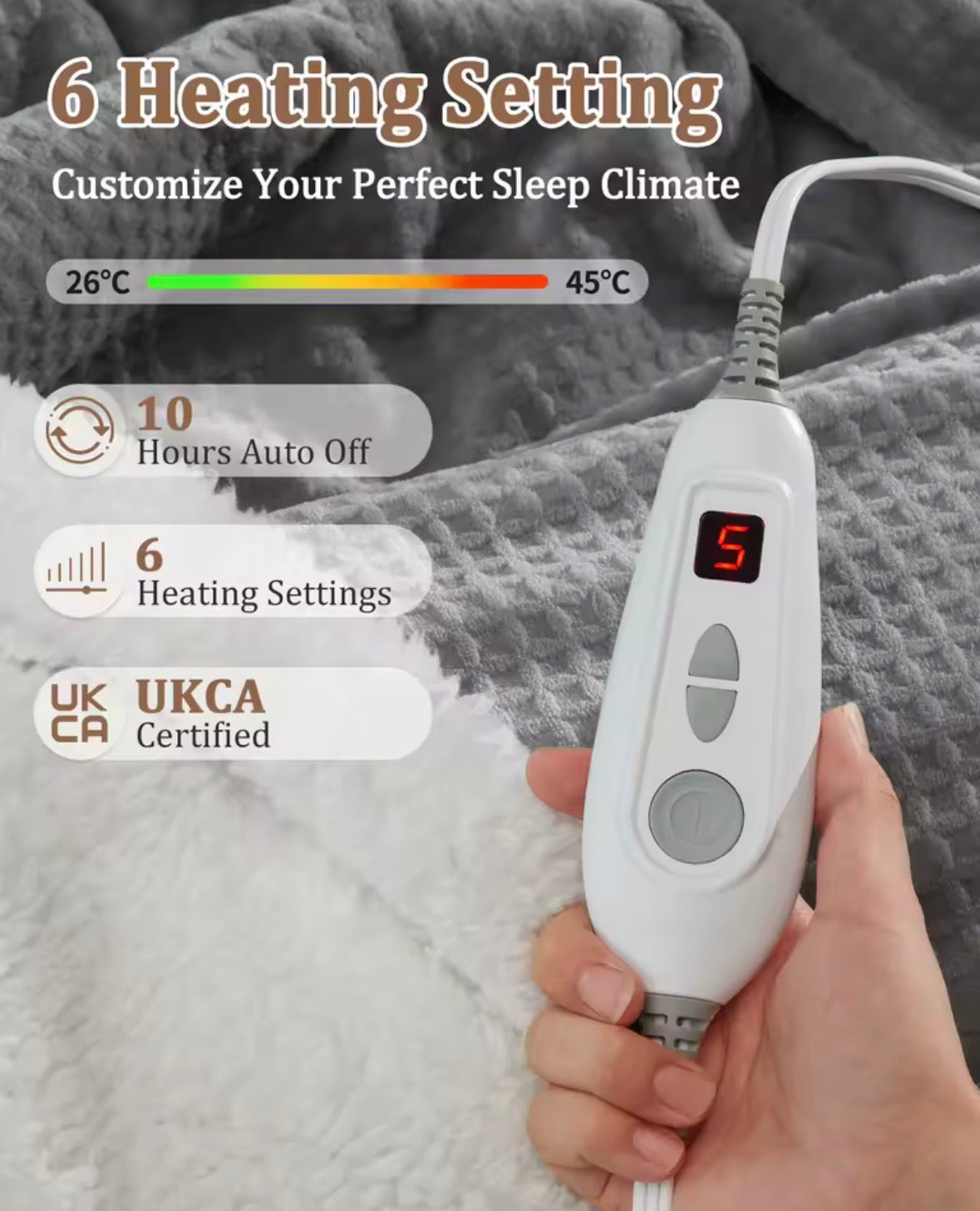 Electric Heated Blanket Throw 160 × 130cm – 6 Heat Settings, 10-Hour Auto Shut-Off &amp; Overheat Protection