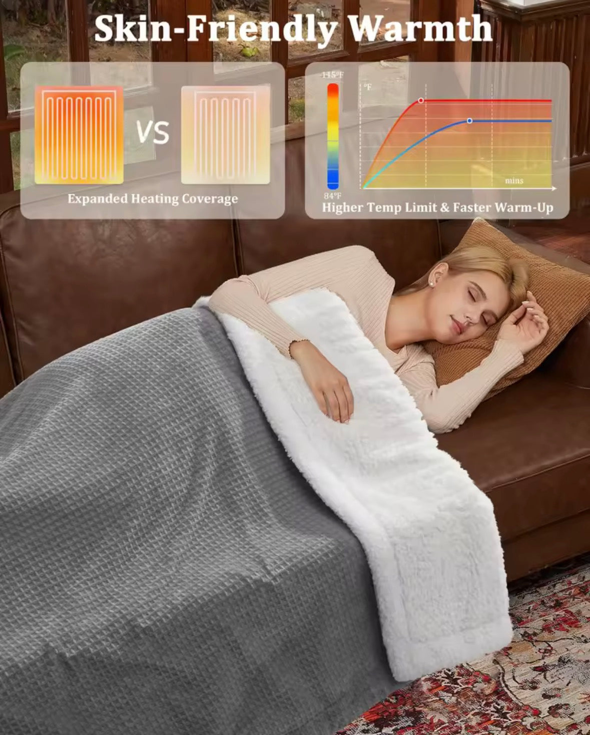 Electric Heated Blanket Throw 160 × 130cm – 6 Heat Settings, 10-Hour Auto Shut-Off &amp; Overheat Protection
