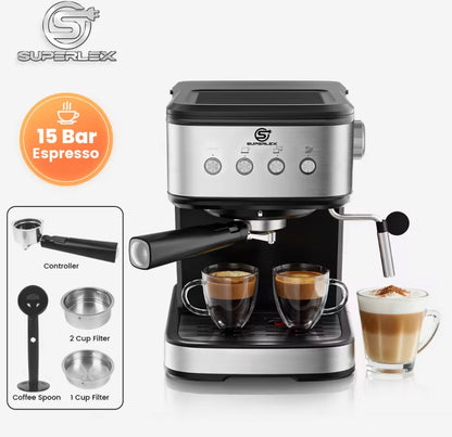 SUPERLEX 1100W Italian Espresso Coffee Machine – High-Pressure Extraction, Built-In Milk Frother & 2-in-1 Coffee Maker
