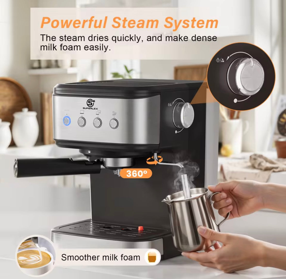 SUPERLEX 1100W Italian Espresso Coffee Machine – High-Pressure Extraction, Built-In Milk Frother & 2-in-1 Coffee Maker