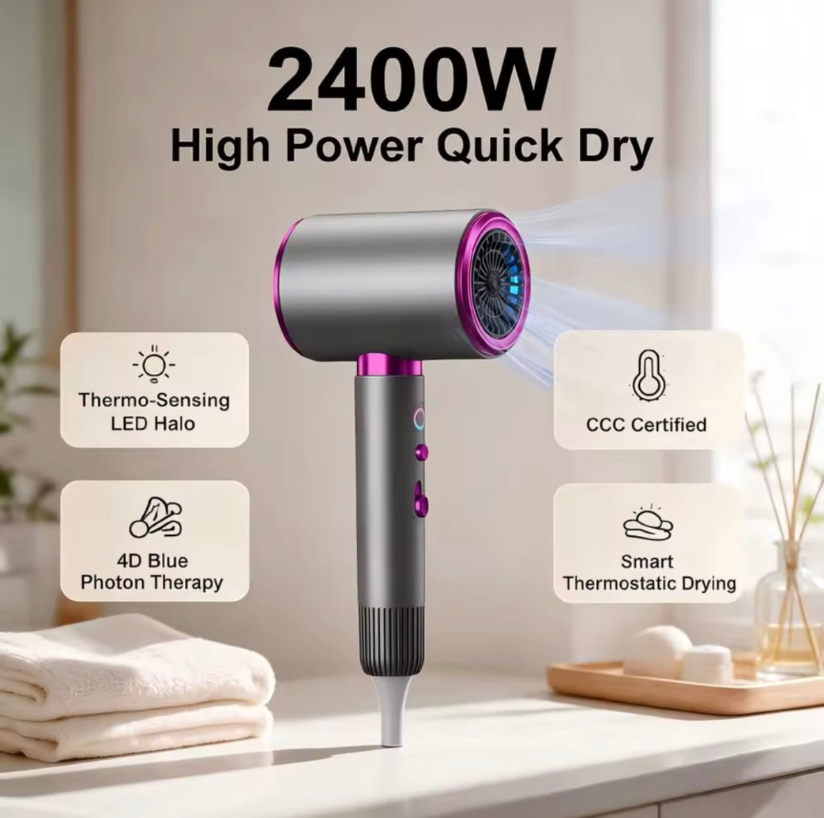 2400W Professional Ionic Hair Dryer – High-Speed Blow Dryer with Negative Ion Technology, Blue Light & Overheat Protection
