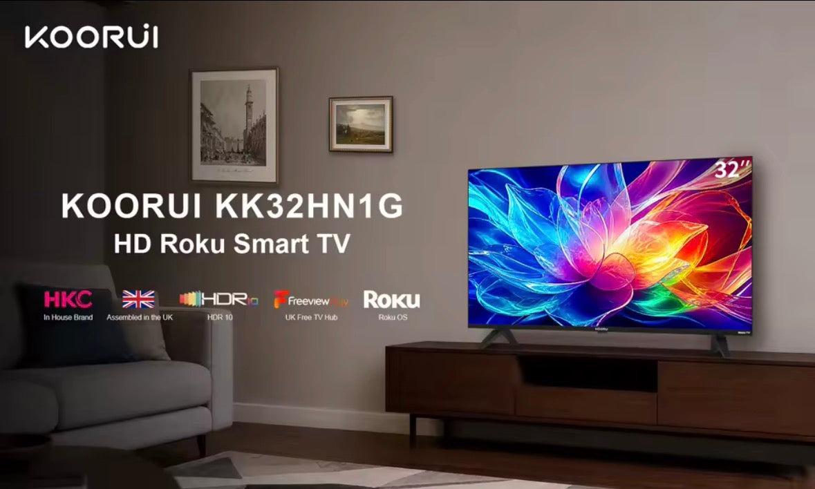 KOORUI 32-Inch Smart TV – Roku OS, HD Ready 720P LED Display, Dolby Audio, Freeview Play &amp; 3 HDMI Ports
