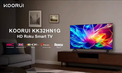 KOORUI 32-Inch Smart TV – Roku OS, HD Ready 720P LED Display, Dolby Audio, Freeview Play &amp; 3 HDMI Ports