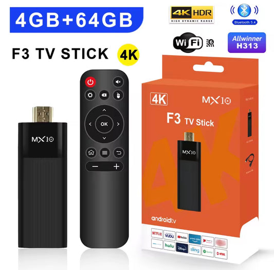 MX10 F3 4K Android TV Stick – Android 13 Smart TV Streaming Device, USB TV Box &amp; HD Network Media Player