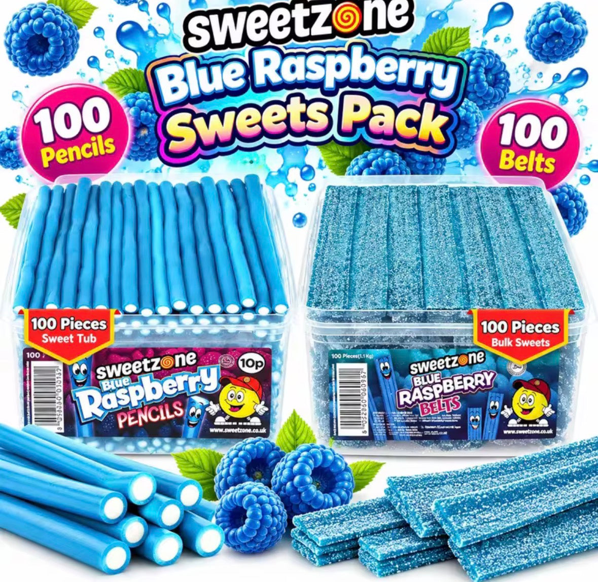 Sweetzone Blue Raspberry Sweets Bundle 2.2kg – Blue Raspberry Pencils & Belts – 2 Tubs, 200 Pieces