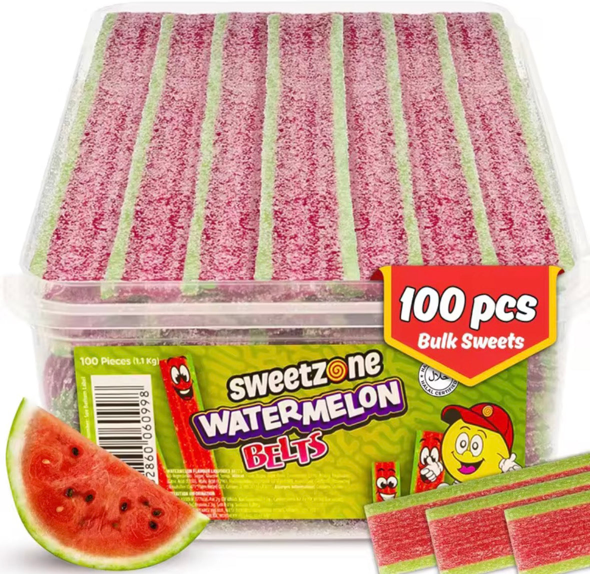 Sweetzone Watermelon Belts Sweets 1.1kg Tub – Fizzy Halal Gummy Strips – 100 Pieces Fruity Pick & Mix Sweets