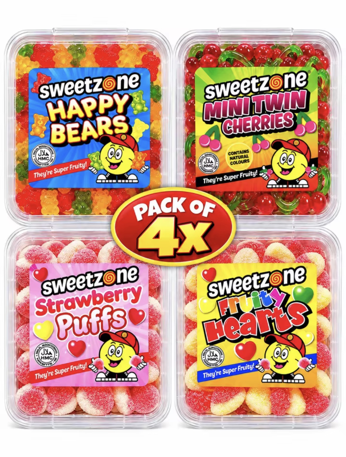 Sweetzone Gummy Sweets Multipack 680g – 4 Tubs of Happy Bears, Twin Cherries, Strawberry Puffs & Fruity Hearts