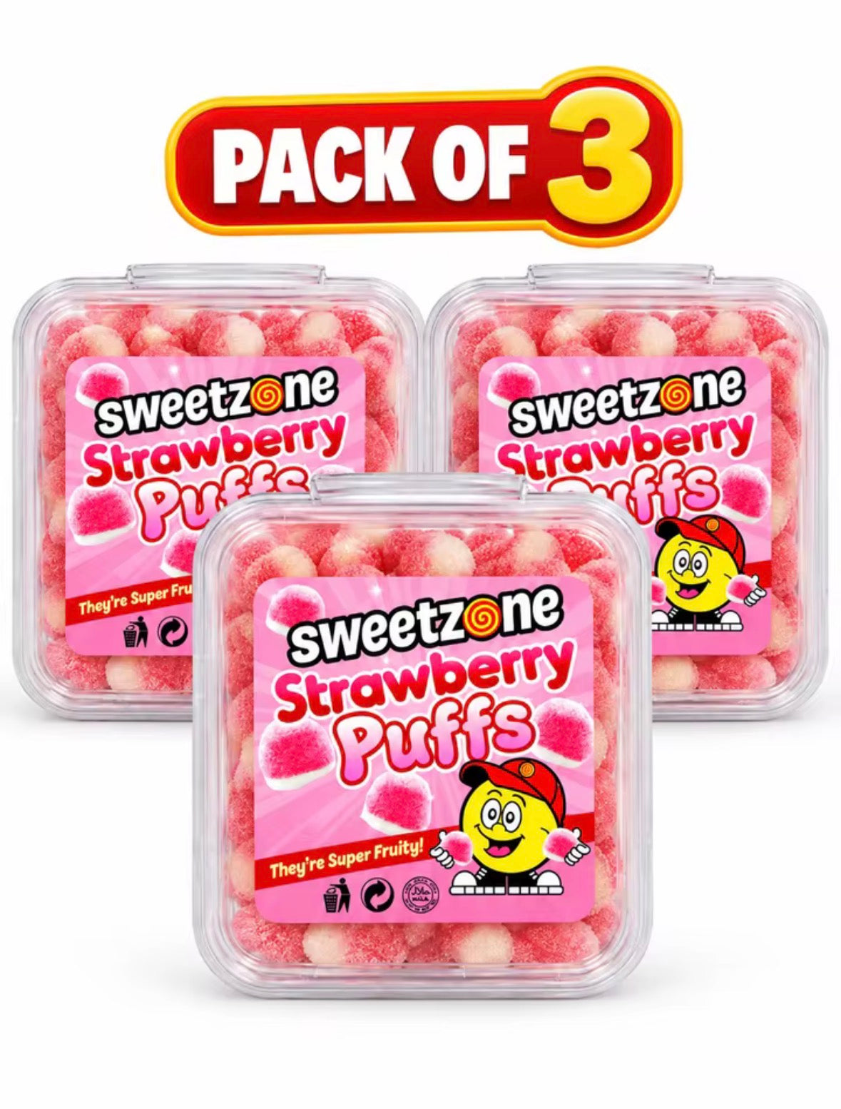 Sweetzone Strawberry Puffs Sweets – Pack of 3 – Soft & Chewy Sugar-Coated Strawberry Gummies