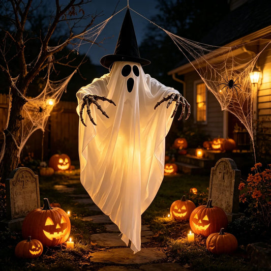 Chapéu de bruxo brilhante com caveira fantasma para decoração de Halloween